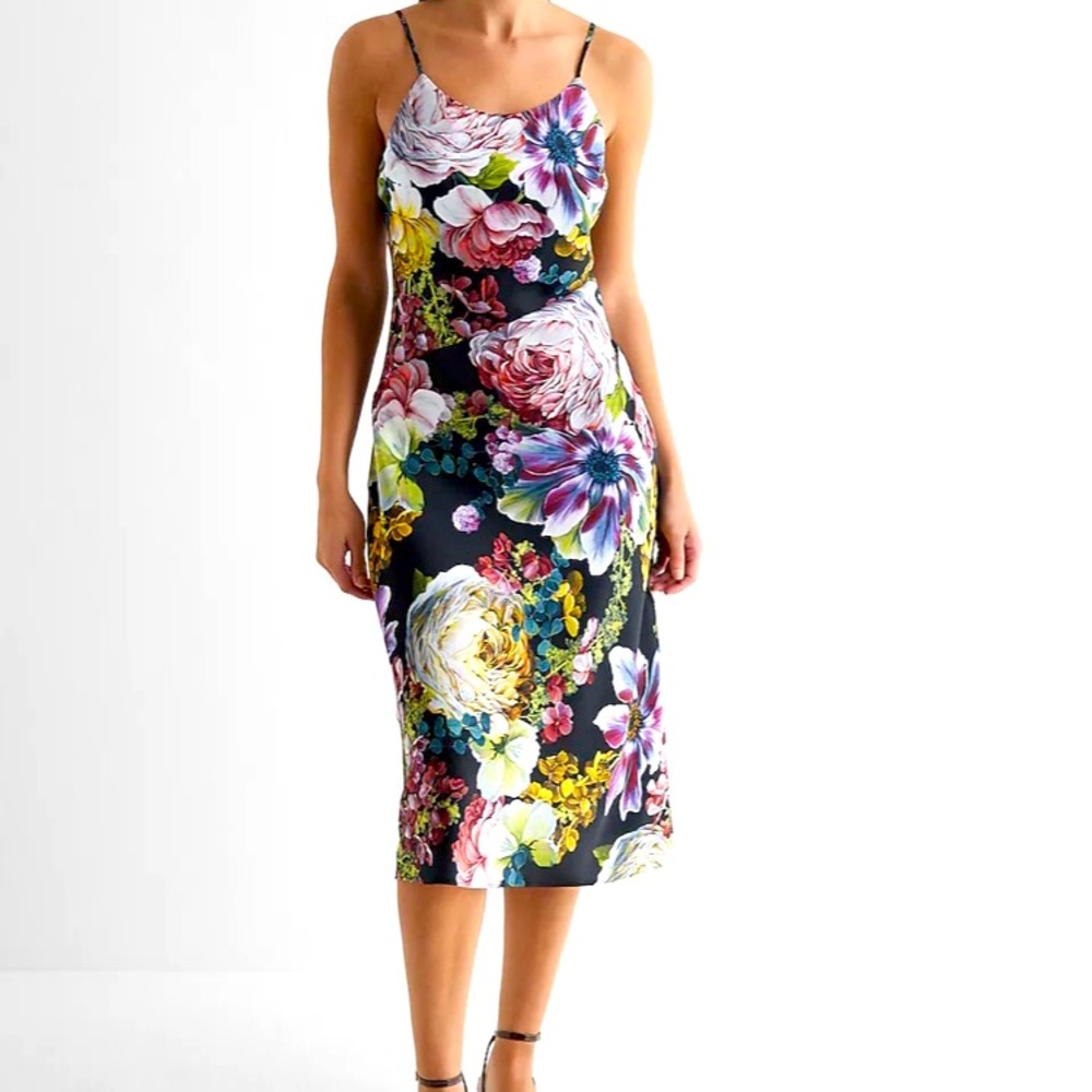 Floral satin cami straps midi length slip dress